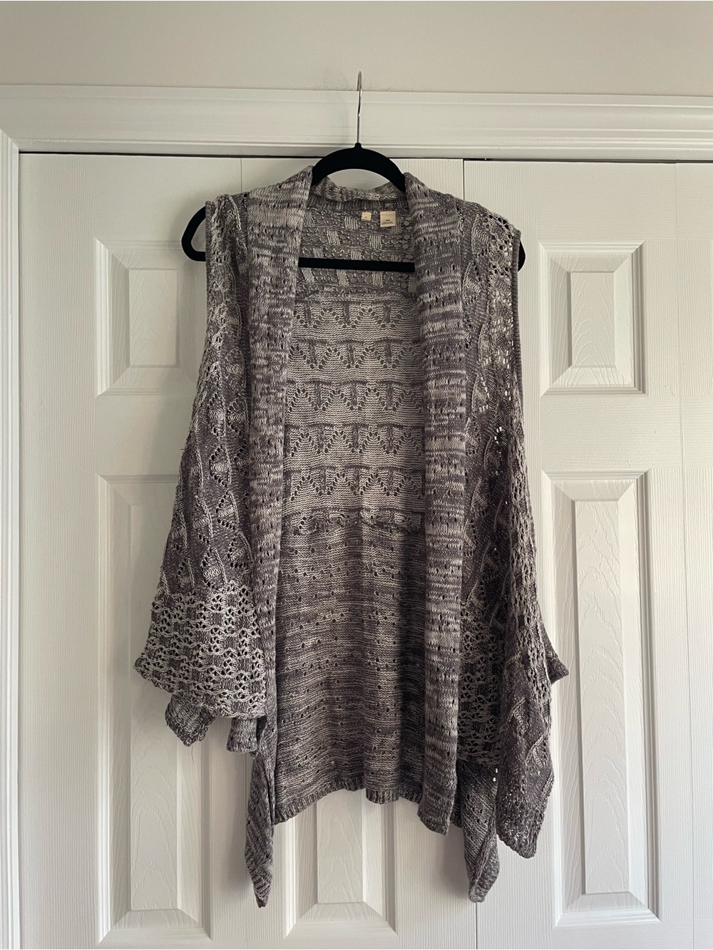 Moth Gray Crochet Open-Front Knit Cardigan